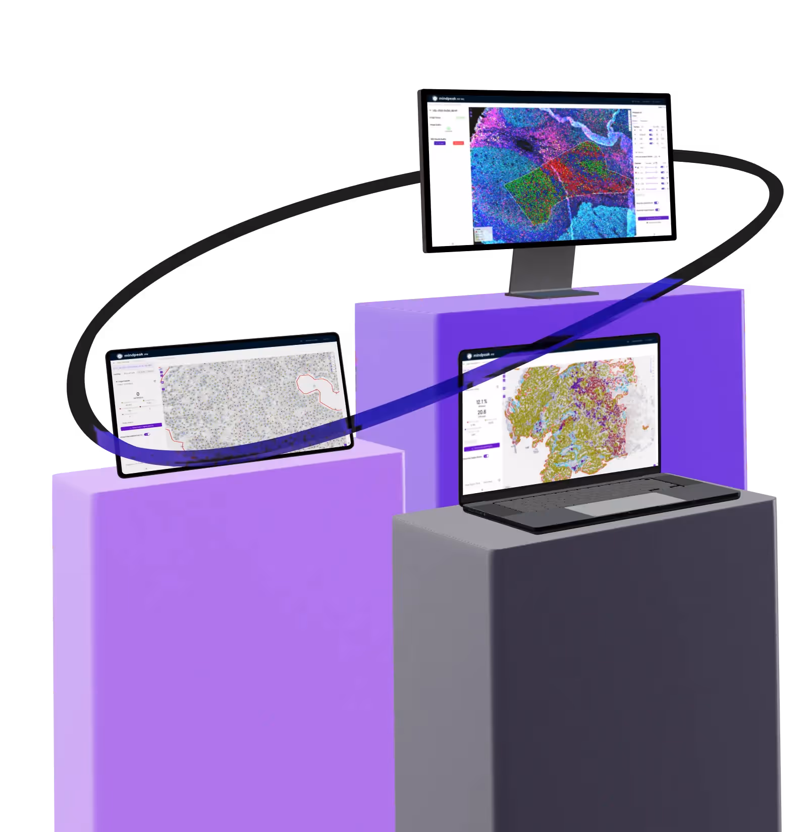 Three digital devices on purple and gray platforms displaying colorful data mapping and analysis software screens.