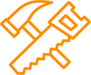 Icône orange représentant un marteau, une scie et un maillet croisés.