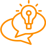 Icône de bulle de dialogue avec ampoule symbolisant échanges et conseils.
