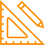 Icône orange d'une règle et d'un crayons croisées sur un fond blanc.
