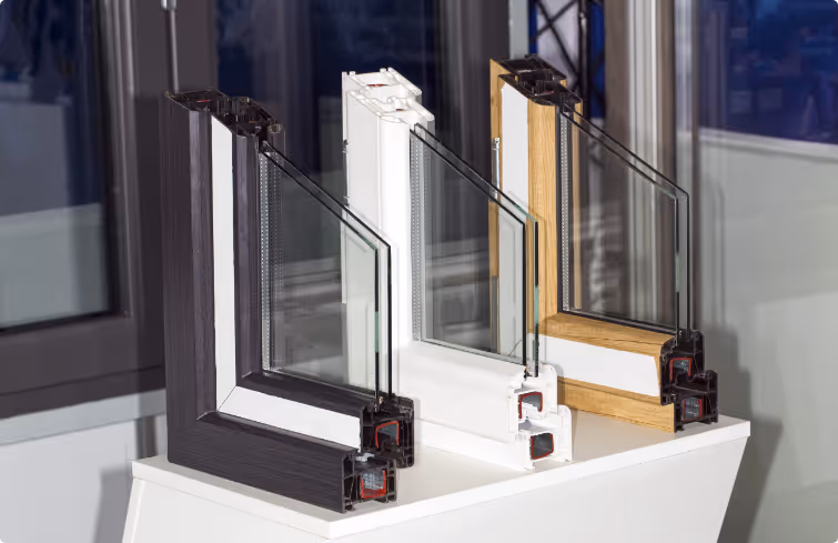 Trois sections de fenêtres sur mesure avec double vitrage et cadres en bois, blanc et noir.