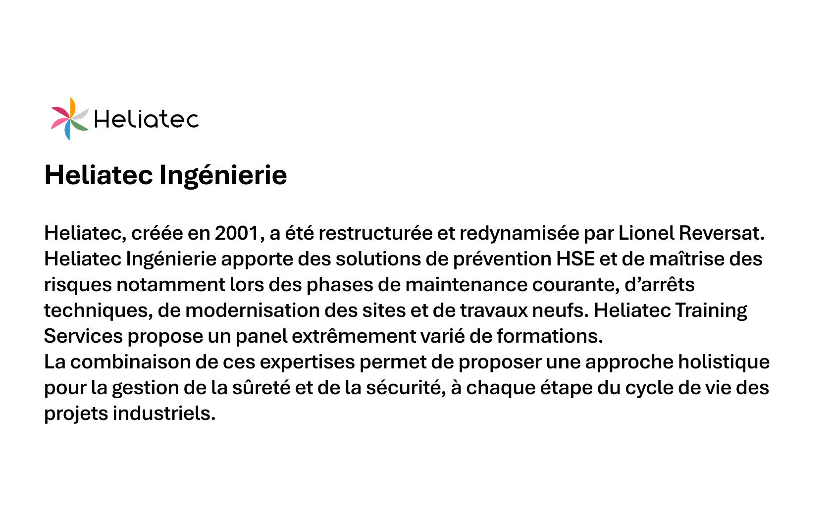 Texte décrivant Heliotec Ingénierie, ses solutions HSE, gestion des risques et formations en sécurité industrielle.