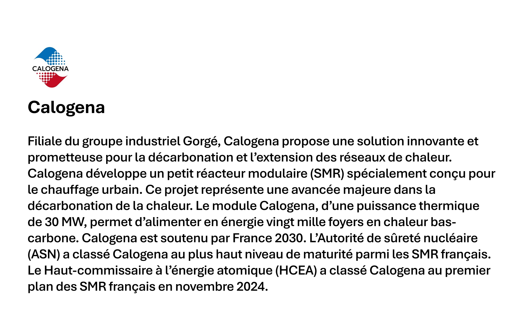 Logo Calogena avec description de leur réacteur modulaire pour décarbonation et chauffage urbain bas-carbone.
