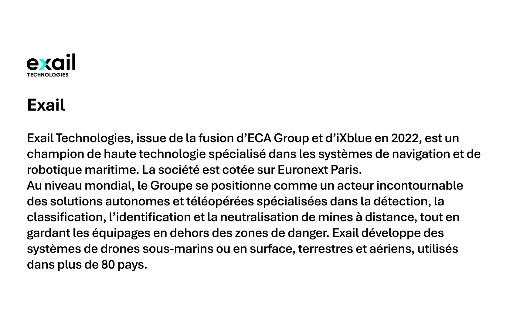 Logo Exail Technologies avec description en français sur leur spécialisation en navigation et robotique maritime.