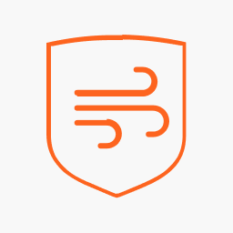 Icône de bouclier orange avec trois lignes courbes représentant le vent à l'intérieur.