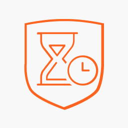 Icône orange d'un sablier et d'une horloge dans un bouclier, symbolisant le temps