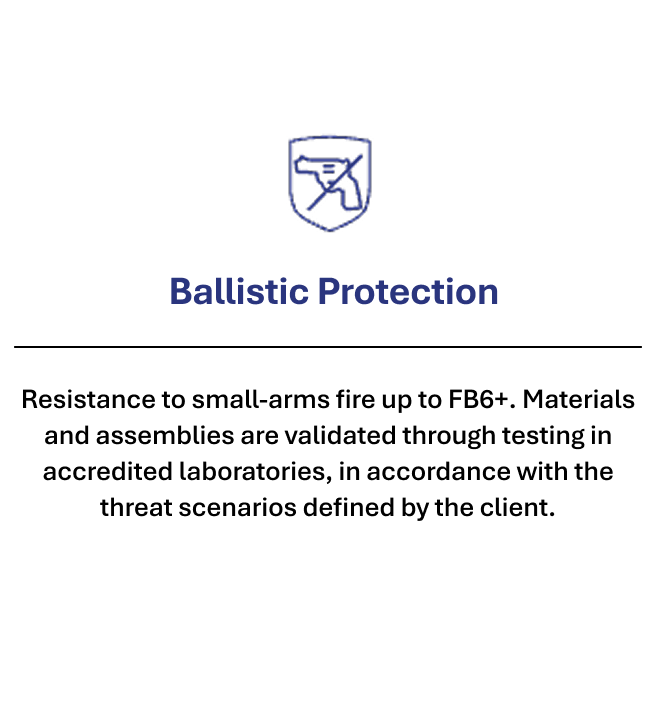 Icône de pistolet barré au-dessus du texte Protection balistique avec description de la résistance aux armes légères.