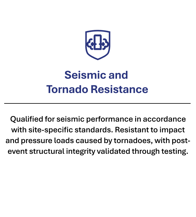 Icône de résistance avec texte sur la résistance aux séismes et tornades certifiée et testée.