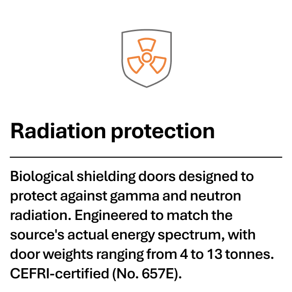 Icône de protection contre les radiations avec texte expliquant les portes de blindage biologique certifiées.