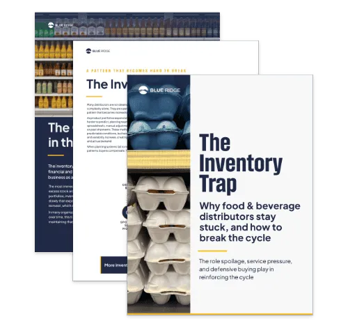 Three overlapping report covers for 'The Inventory Trap' with product imagery and Blue Ridge branding.