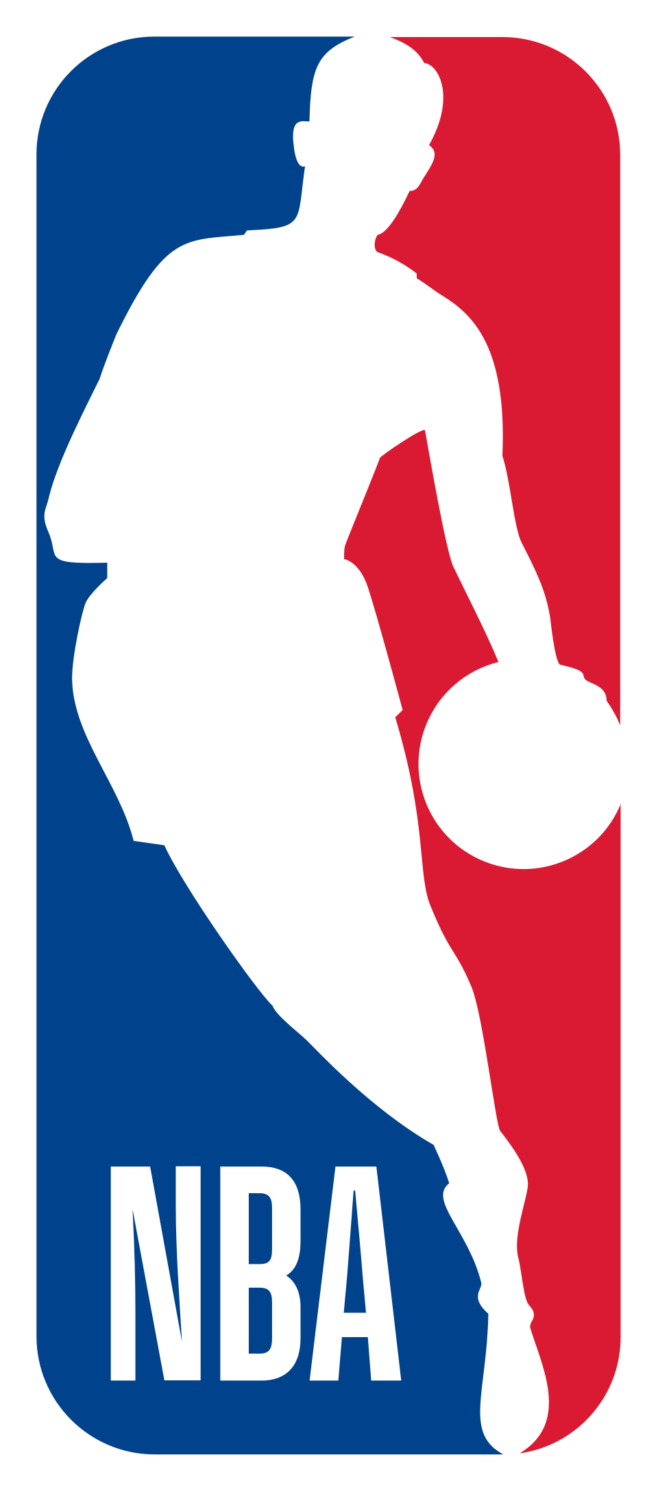 NBA logo with a white silhouette of a basketball player dribbling on blue and red background.