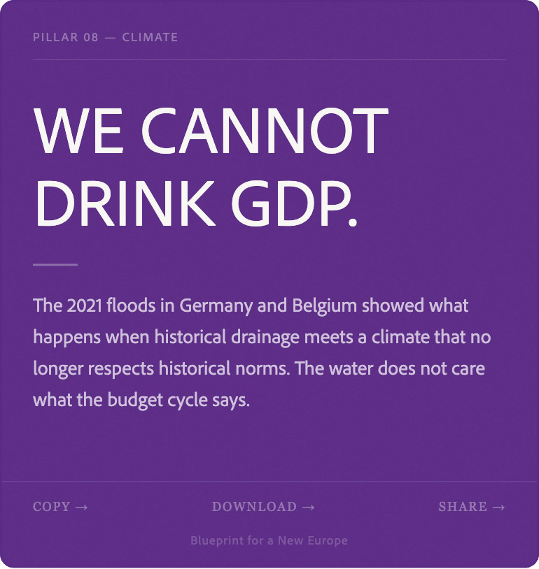 Text on purple background about 2021 floods in Germany and Belgium disrupting norms with headline We cannot drink GDP.