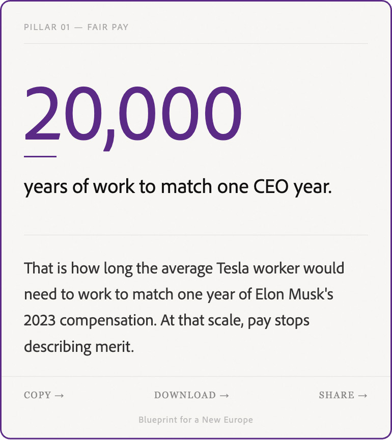 Text states 20,000 years of work match one CEO year, illustrating Tesla worker pay disparity with Elon Musk.