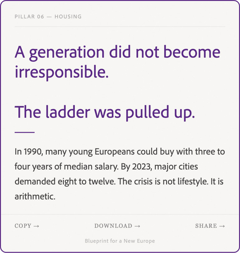 Text about housing crisis: young Europeans needed more years of salary to buy homes in 2023 vs 1990.