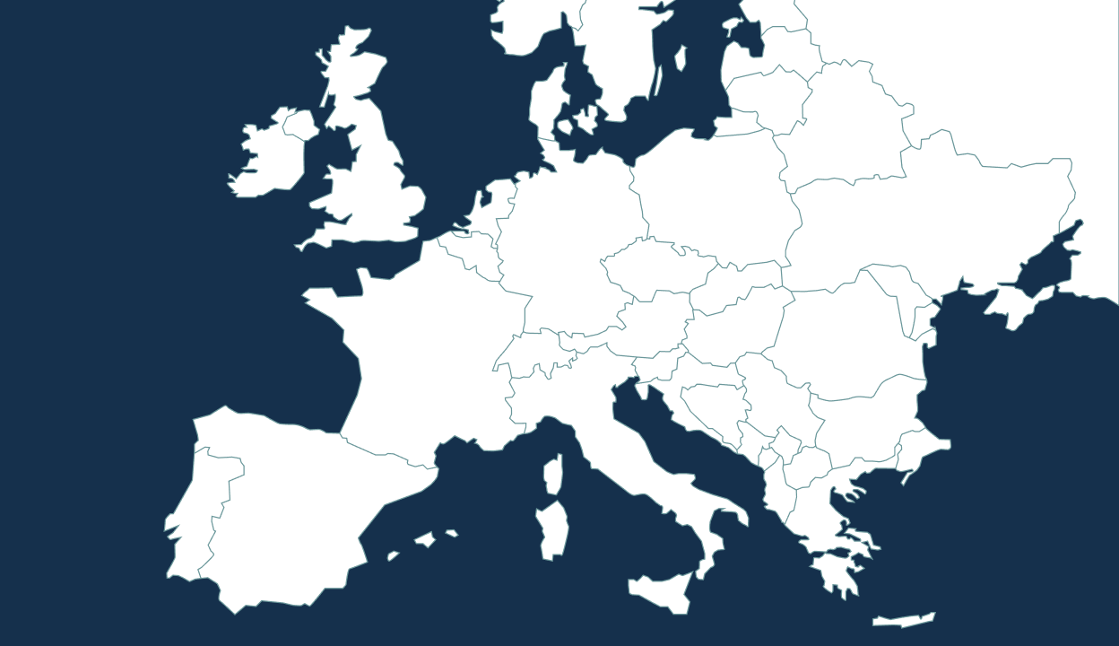 Outline map of Europe showing country borders on a dark blue background.