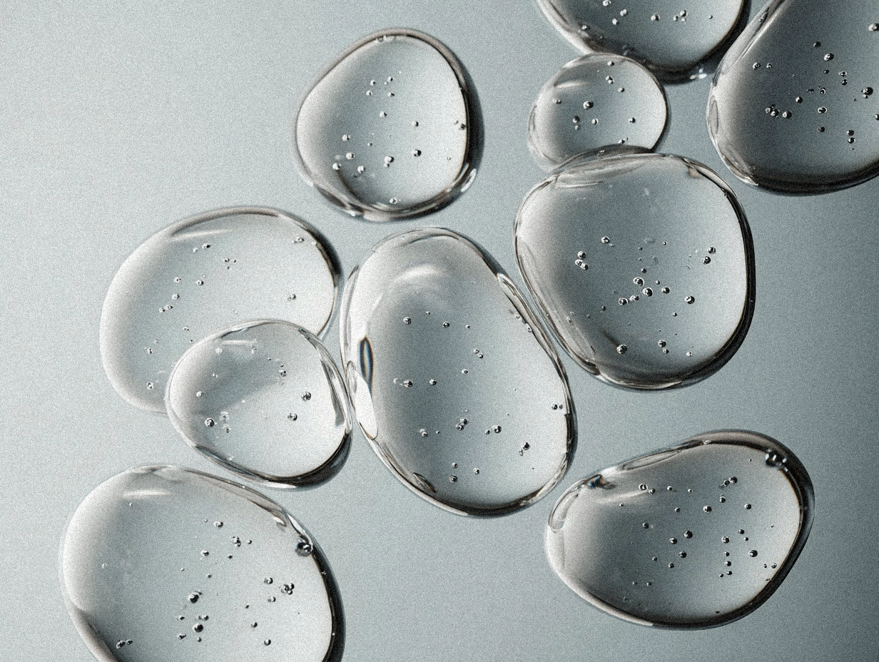 Varias burbujas de agua transparentes con pequeñas burbujas de aire en un fondo gris.