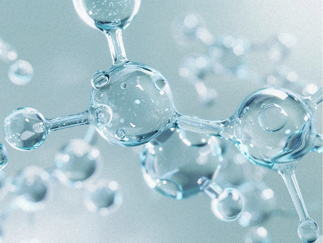 Estructura molecular translúcida azul con burbujas en fondo difuminado.