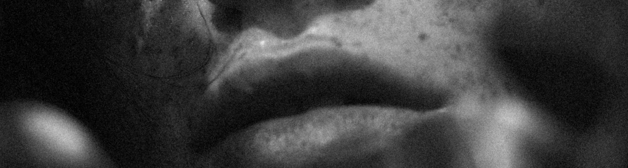 Primer plano en blanco y negro de unos labios y parte del rostro con textura y sombras.