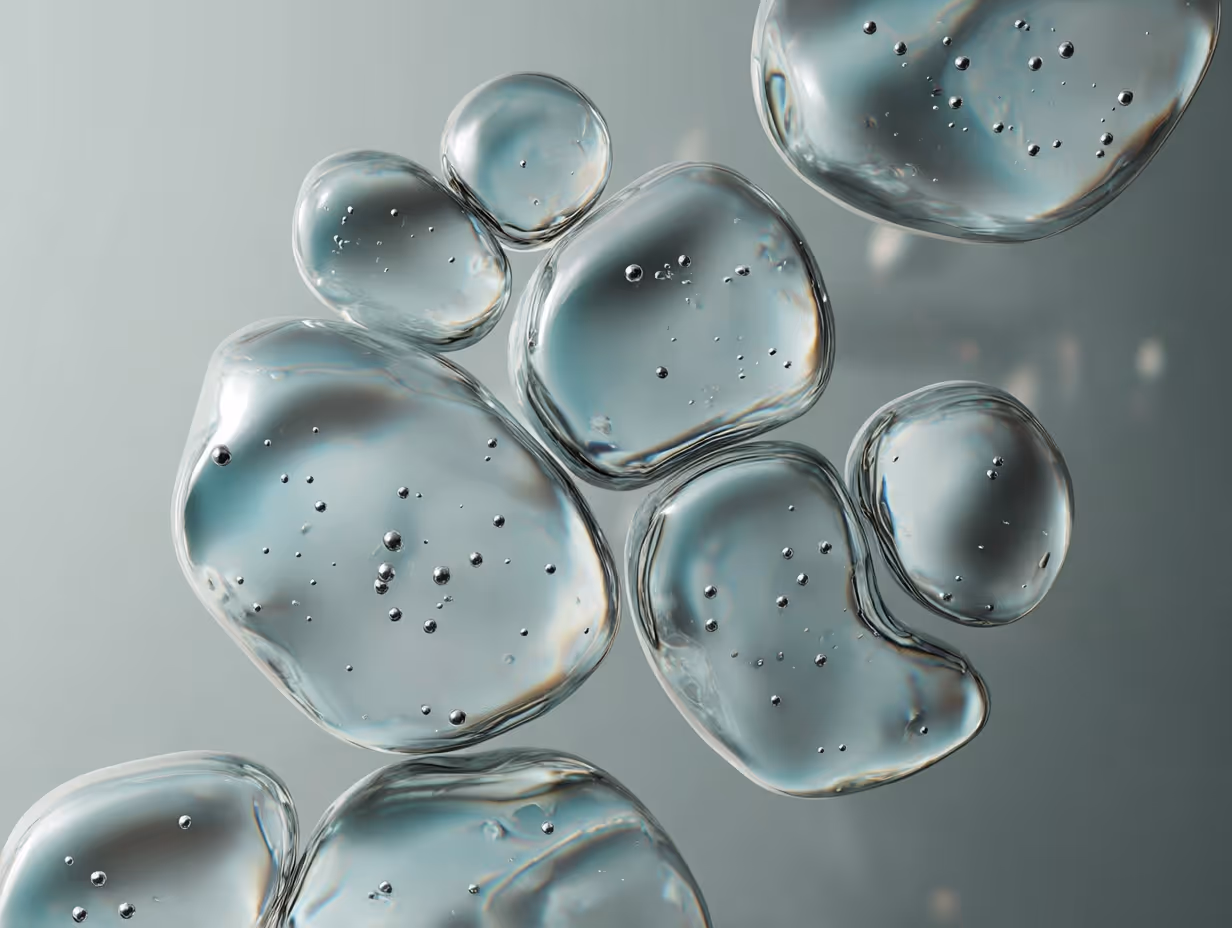 Gotas transparentes con burbujas de aire flotando sobre fondo gris difuminado.