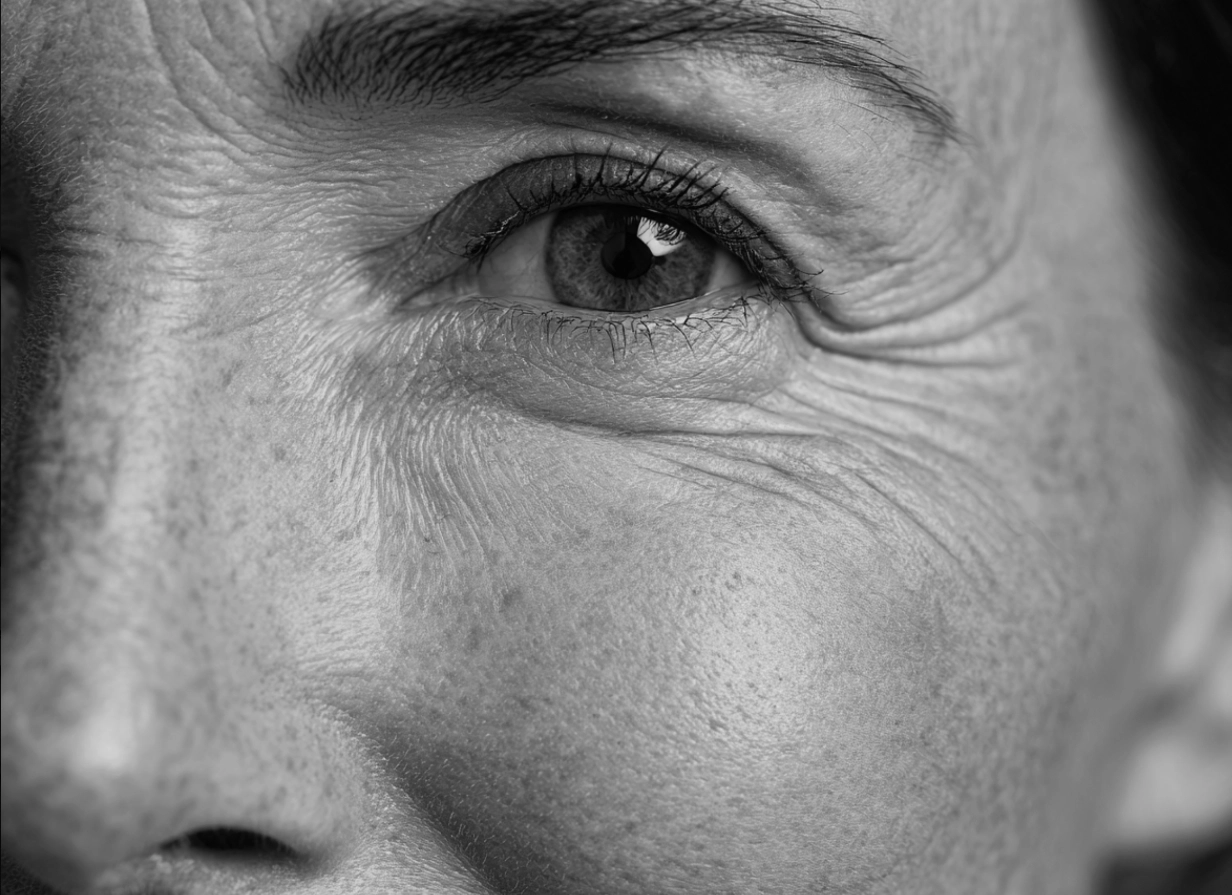 Primer plano en blanco y negro del ojo de una persona con arrugas y textura de piel visible