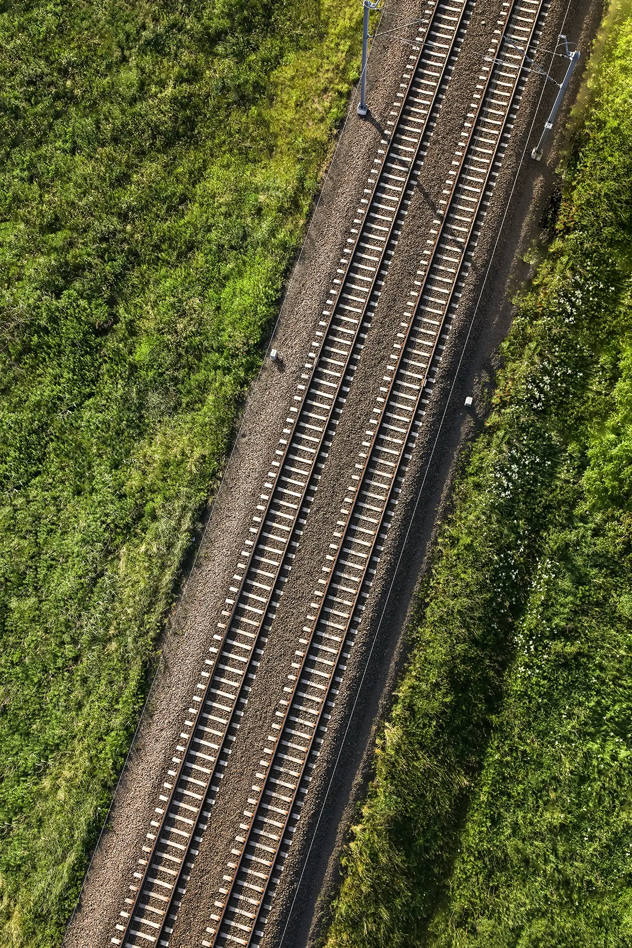 Vue aérienne de deux voies ferrées parallèles entourées de végétation verte.