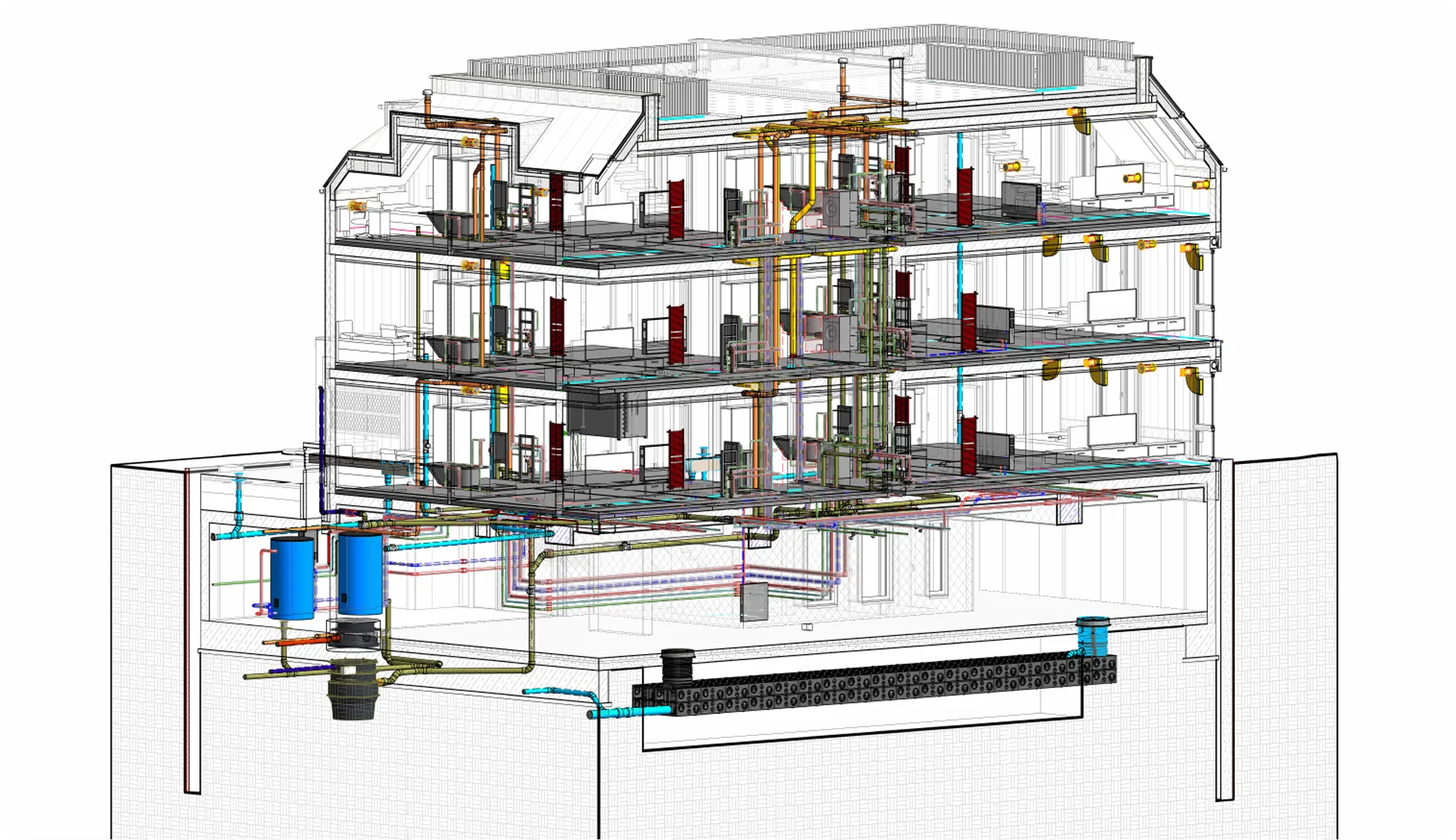 BIM-Schnittmodell eines Gebäudes mit Heizungs- und Lüftungstechnik
