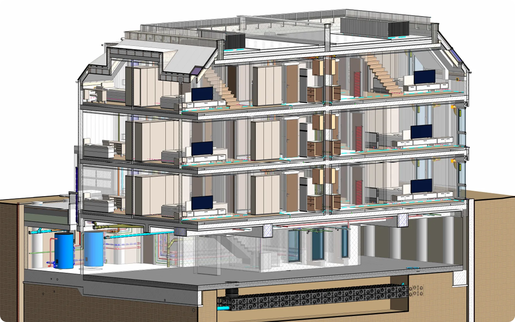 BIM-3D-Modell eines Mehrfamilienhauses mit Gebäudetechnik