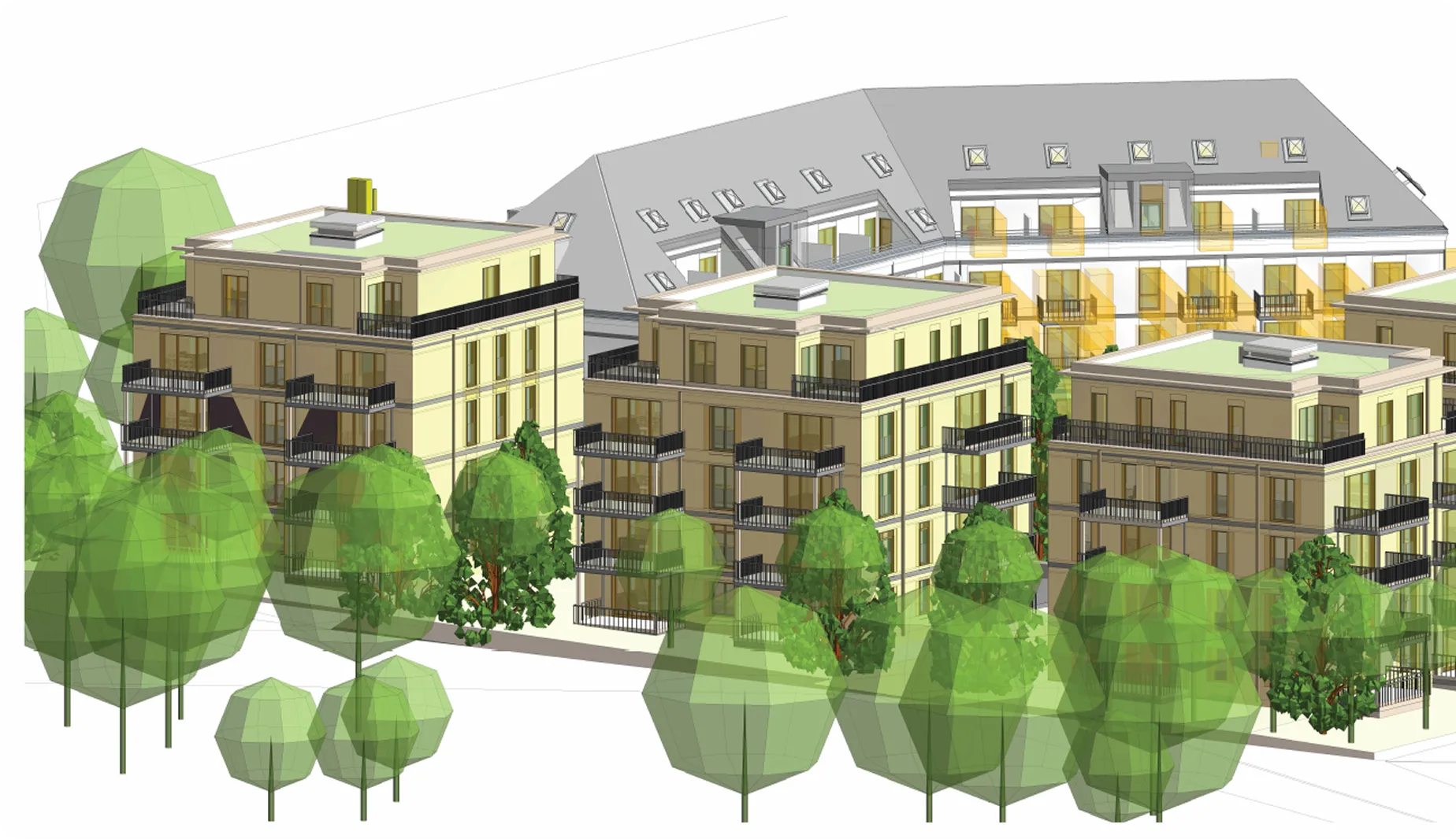 BIM-3D-Modell einer Wohnanlage mit Außenanlagen