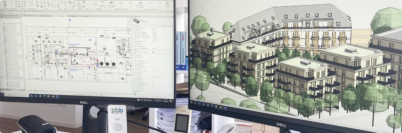 BIM-Modelle der TGA-Planung auf mehreren Bildschirmen