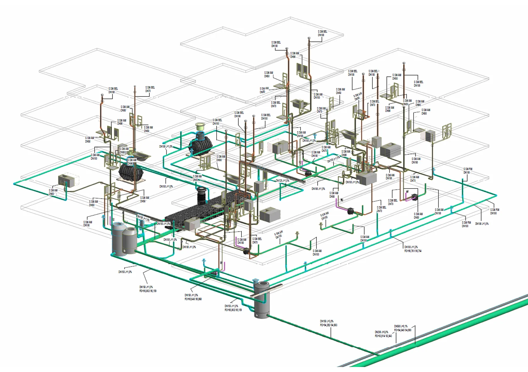 BIM-3D-Modell der Entwässerungs- und Leitungsplanung eines Gebäudes
