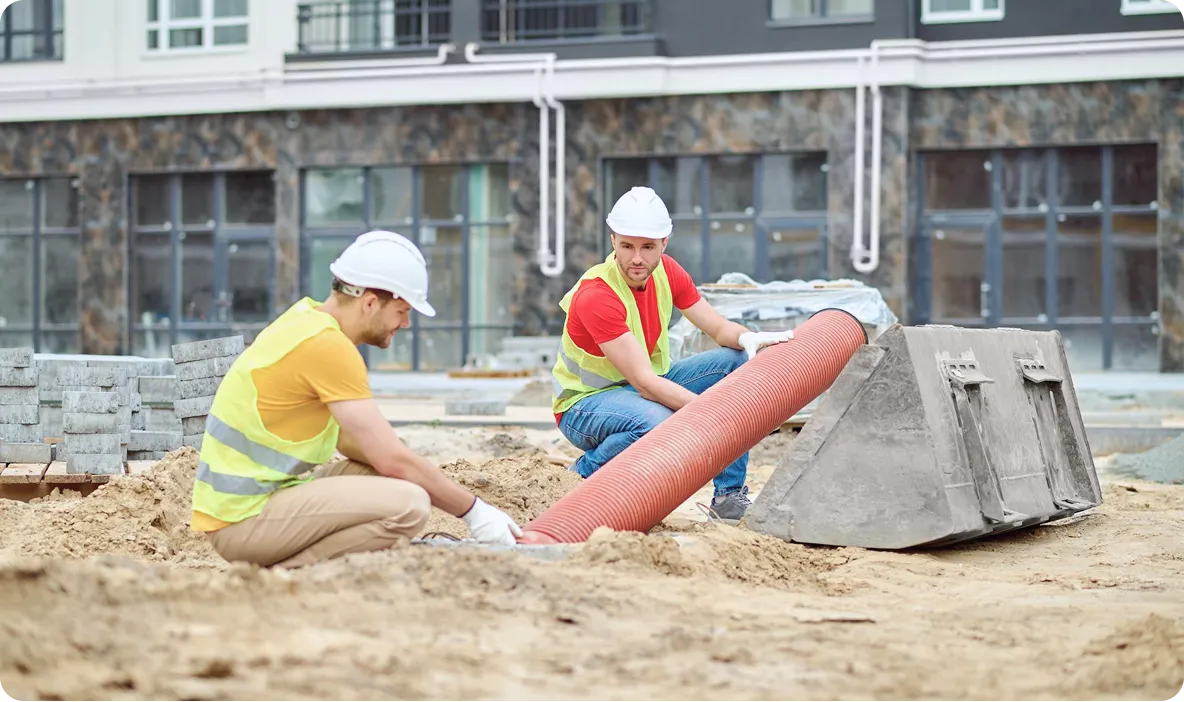 Bauarbeiter bei der Verlegung von Entwässerungsleitungen auf der Baustelle
