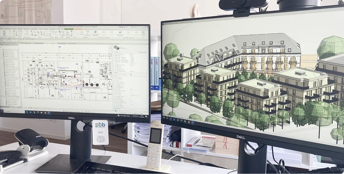 BIM-3D-Modell eines Gebäudes auf dem Bildschirm – digitale TGA-Planung