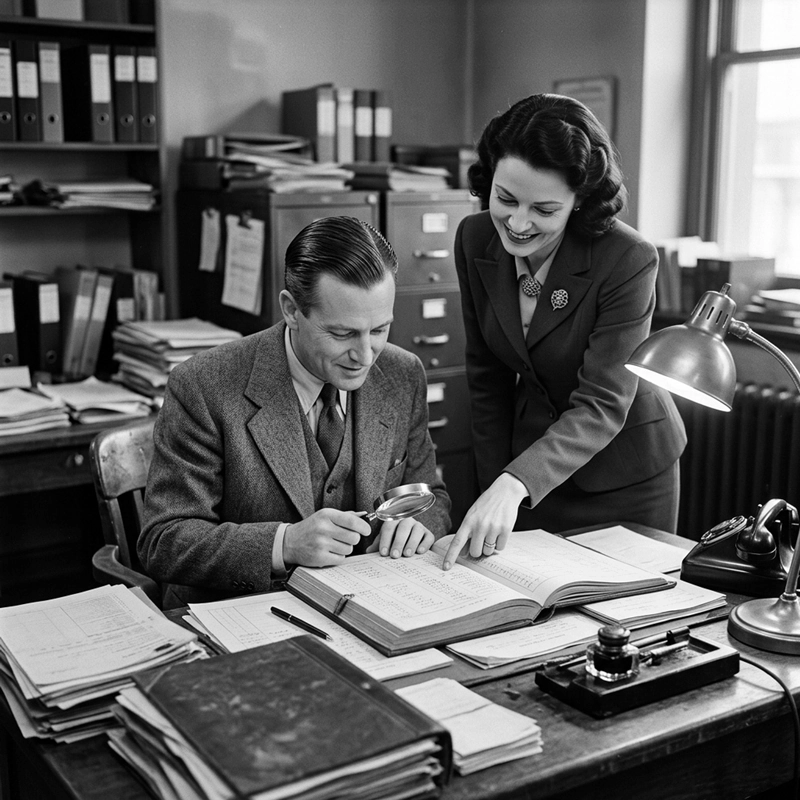 un homme et une femme dans un bureau qui examinent des livres de compte