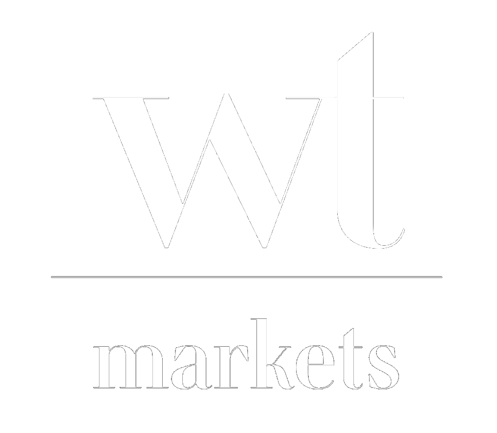 White stylized letters 'wt' above the word 'markets' on a black background.