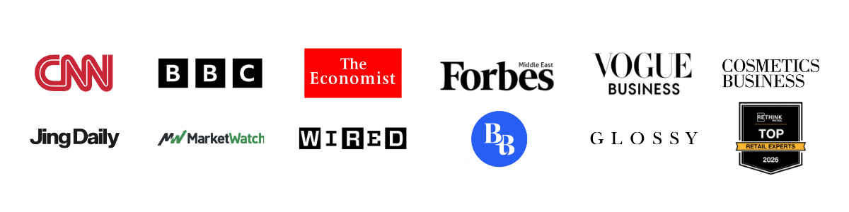 Logos of CNN, The Economist, Forbes Middle East, Jing Daily, MarketWatch, BBB, and Rethink Top Retail Experts 2026 badge.