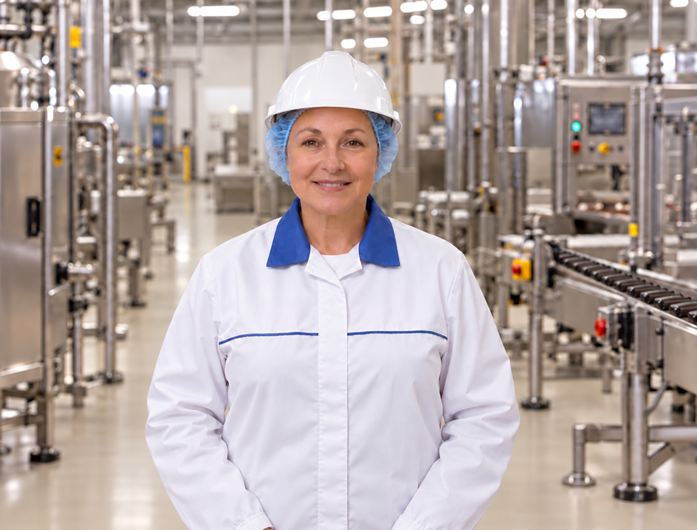 Factory trainer wearing a white safety helmet and plain white work coat