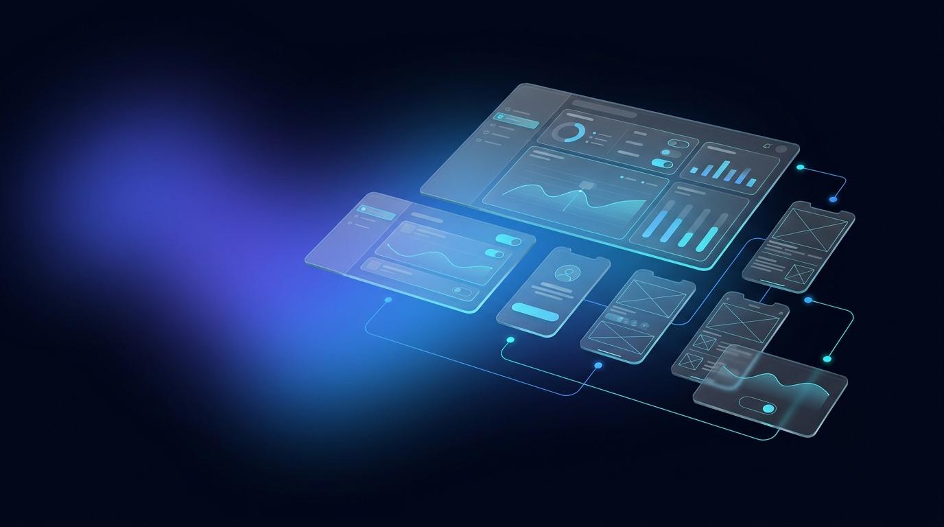 Floating interface prototype panels and wireframe screens