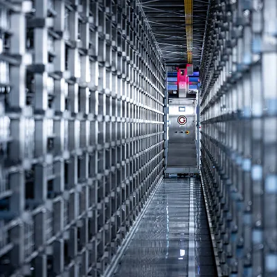 Lang, smal gang mellem højteknologiske metalreoler i et lager eller datacenter.