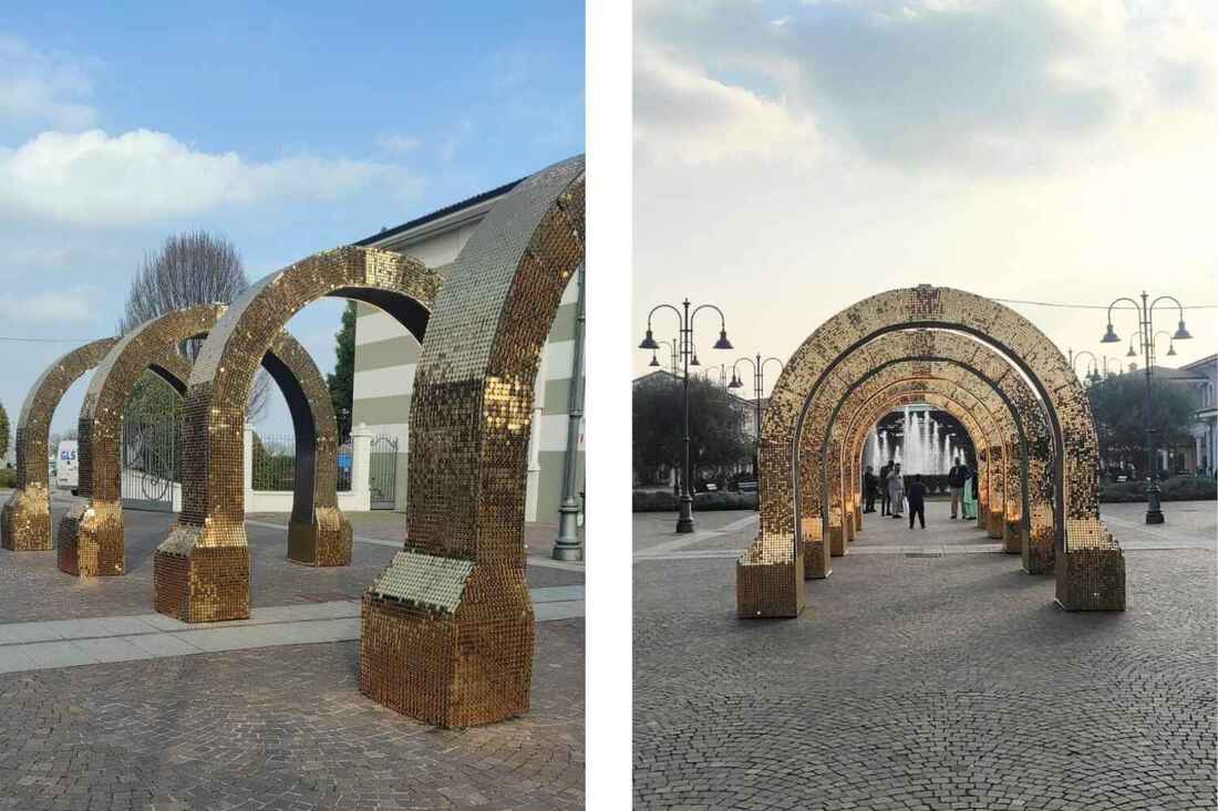 gold sequin arches during the day at different angles