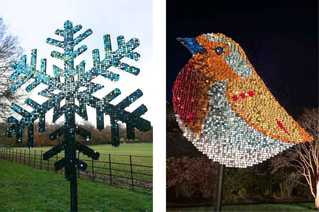 on left: a blue, white and gold sequin snowflake, on right: a orange and white sequin robin