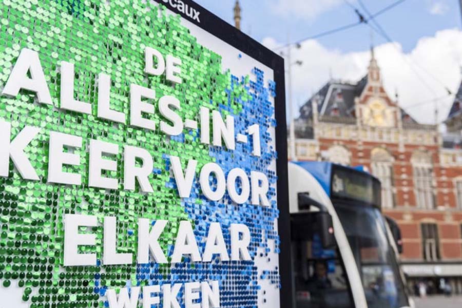 blue and green sequin billboard
