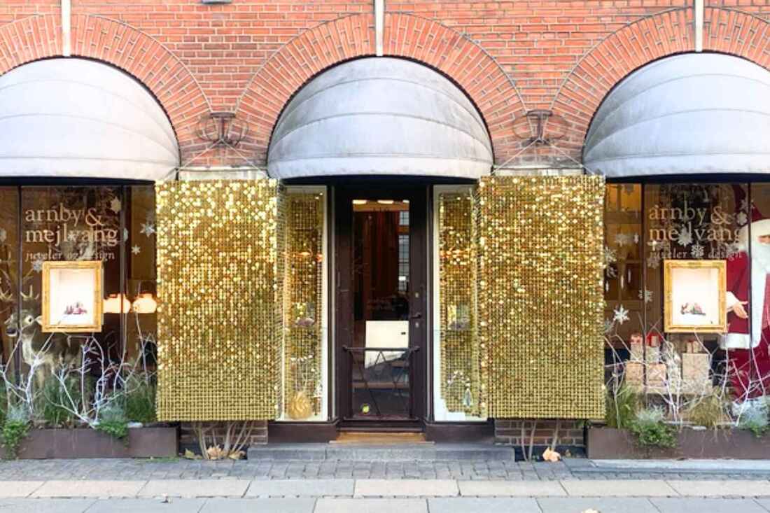 gold sequin walls in front entrance of store