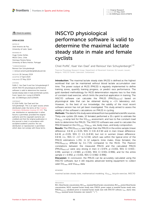 INSCYD maximal lactate steady state validation