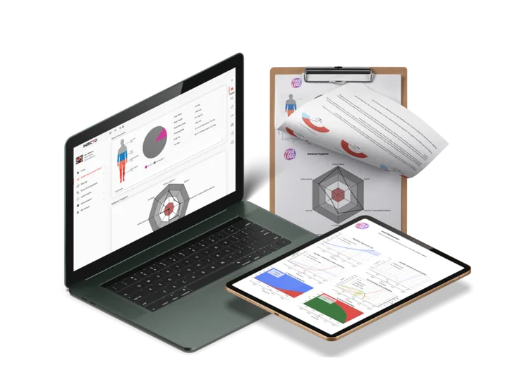 INSCYD metabolic profile on laptop, report and tablet