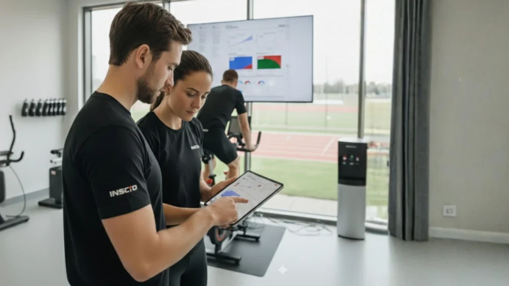 Coach and athlete examining performance data on a tablet in a training lab, with INSCYD analysis displayed on a large screen and an athlete cycling in the background.