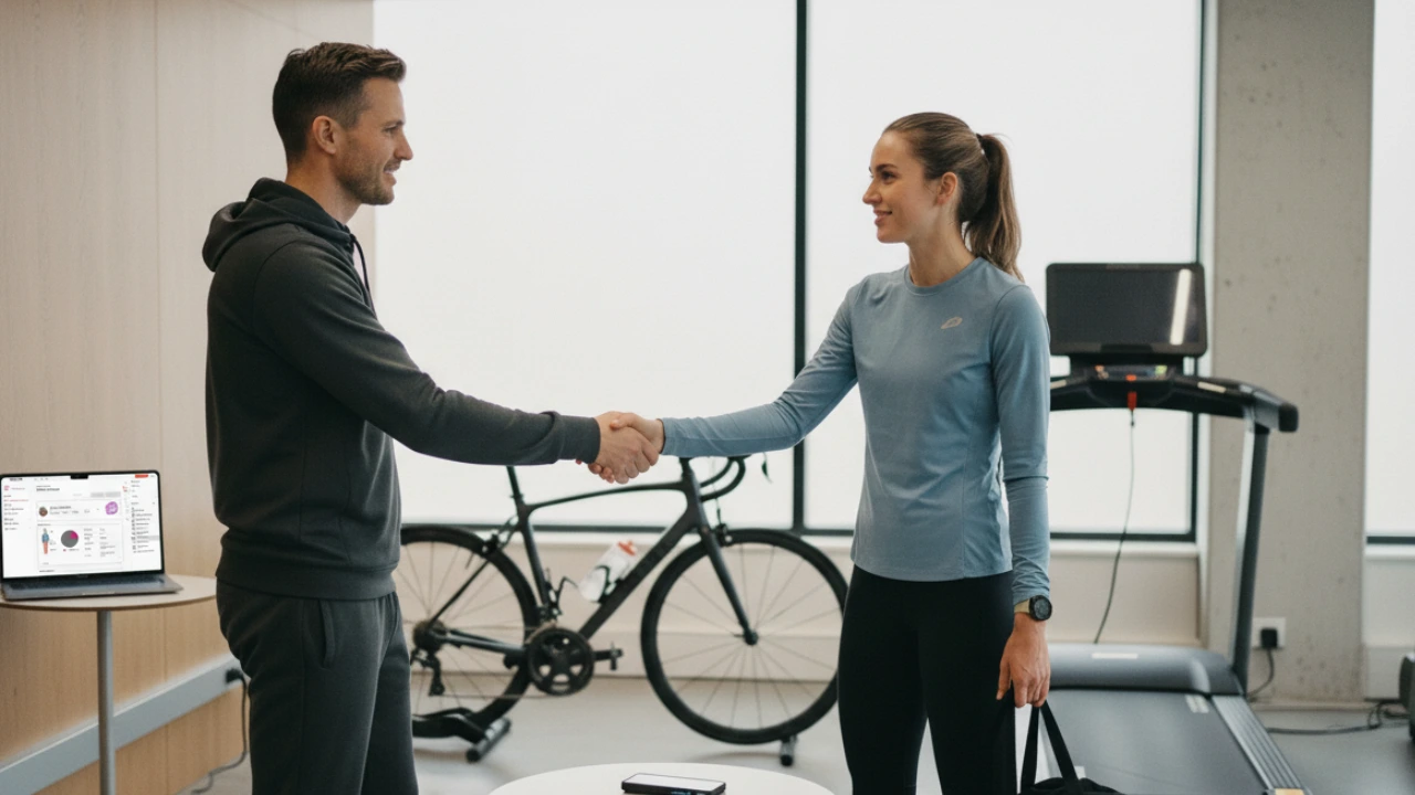 Coach and athlete shaking hands at the start of a testing appointment in a performance lab, with a bicycle, treadmill, and laptop displaying INSCYD data in the background.