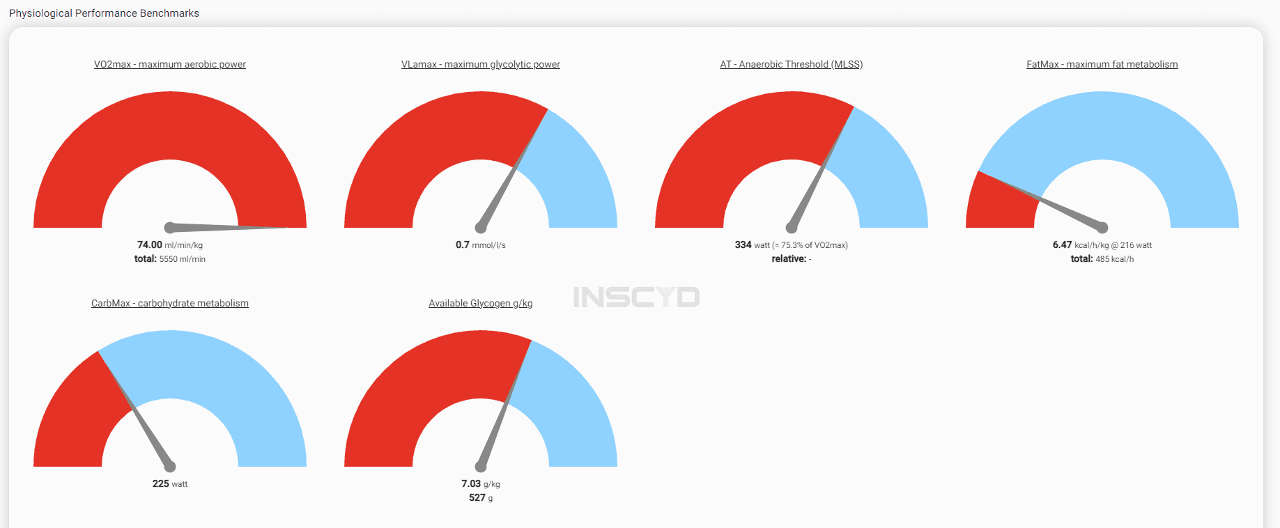 The INSCYD gauge compares metabolic test results with a comparison group.