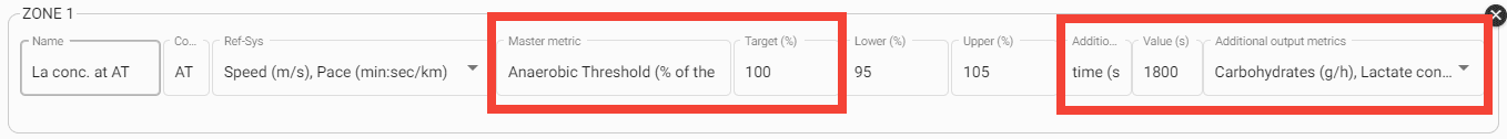 Master metric = Anaerobic threshold; Target = 100% Additional data = time (s); value = 1800 seconds; metric = lactate concentration