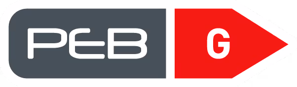 Symbole PEB avec une flèche rouge indiquant la classe énergétique G.