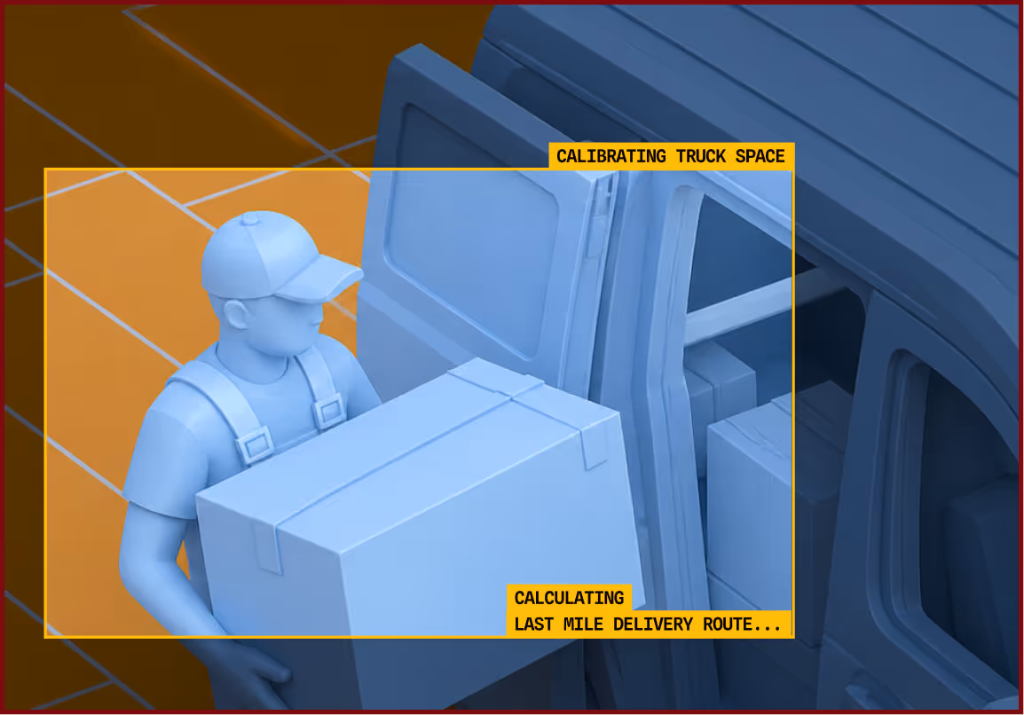 3D figure carrying a box into a delivery van with text about truck space and delivery route.